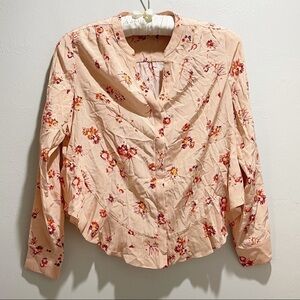 FOUNDRAE Women’s Peach Floral Silk Button Up Ruffle Hem Long Sleeve Blouse Sz 4